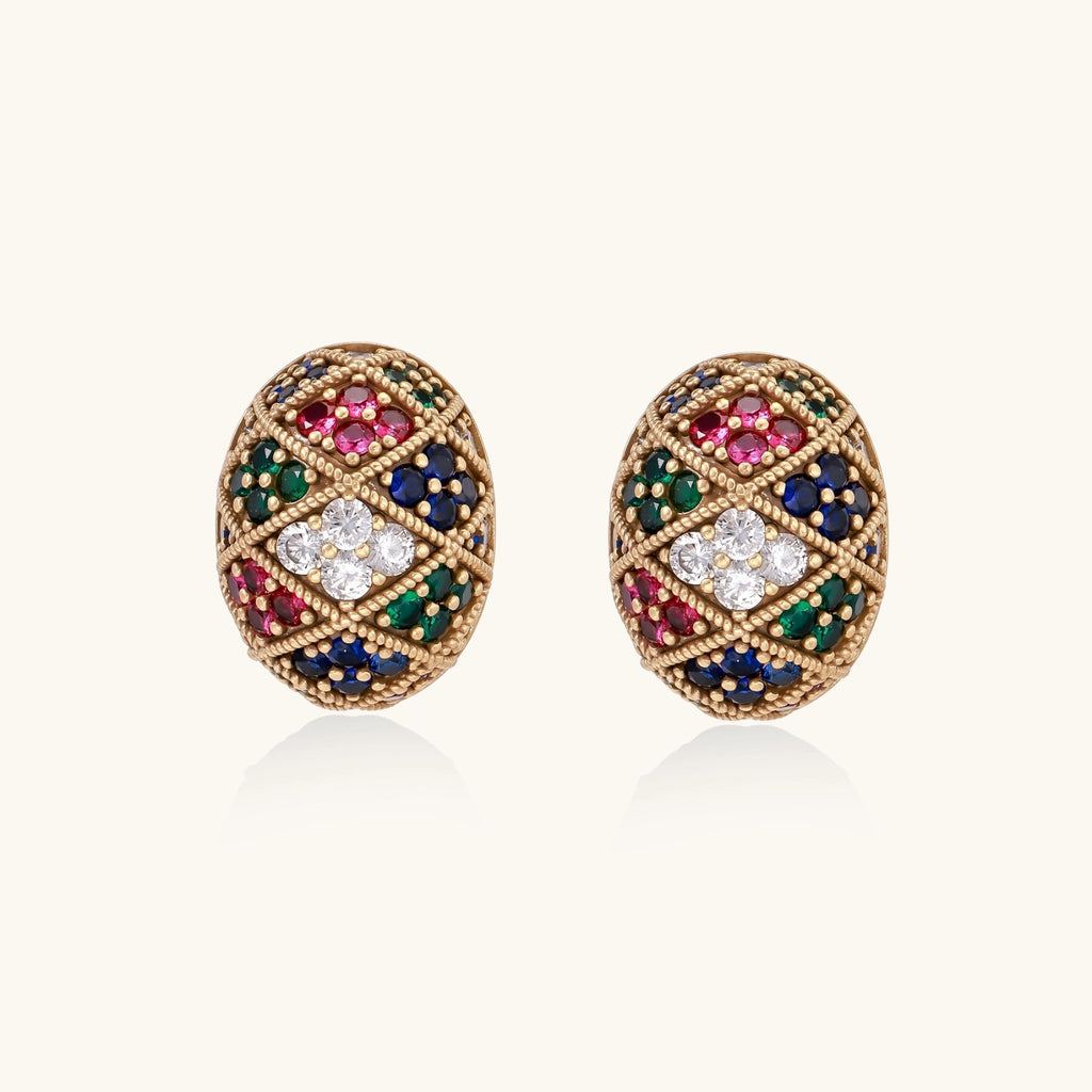 Oval gold-plated stud earrings with multicolor zirconia stones in geometric mosaic pattern
