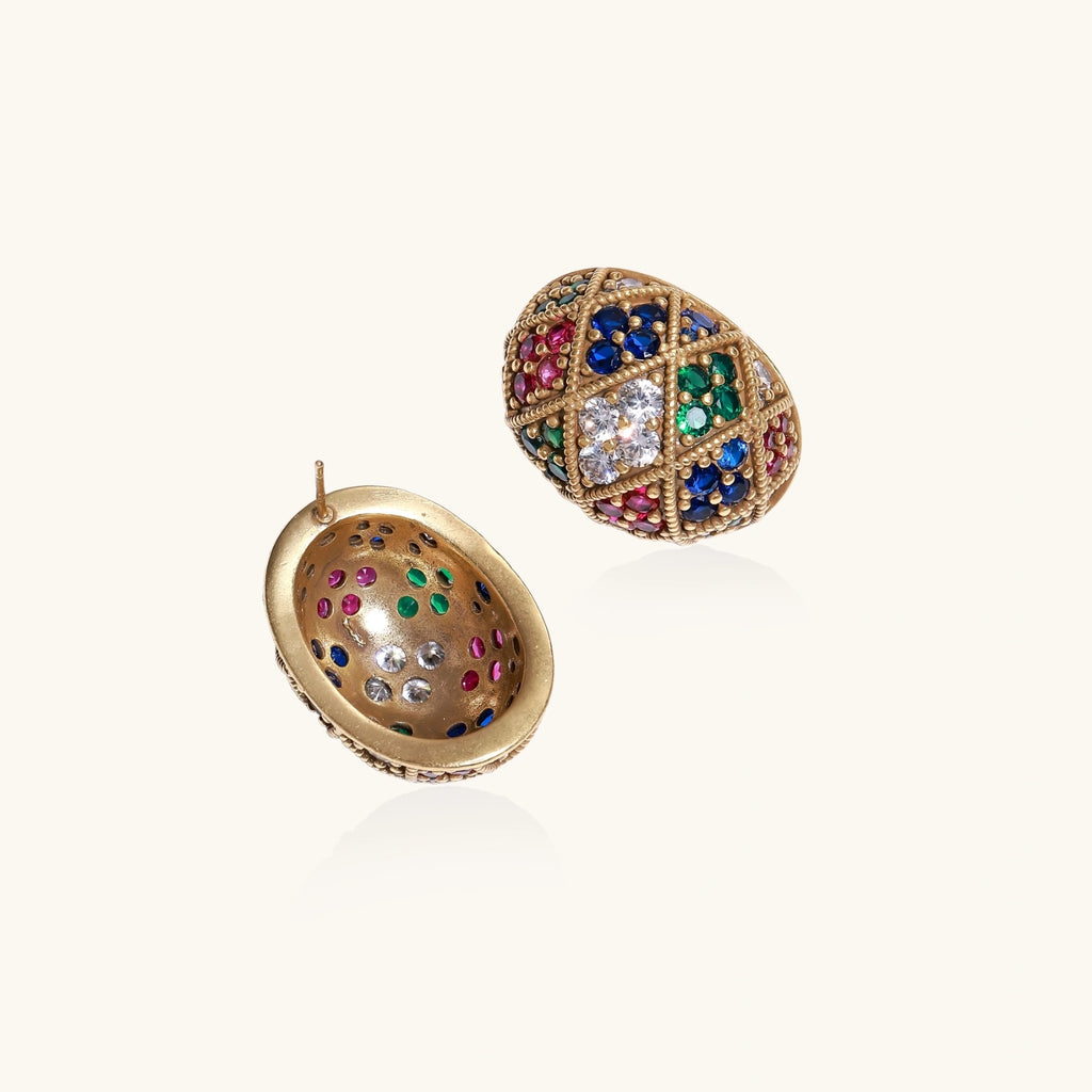 Oval gold-plated stud earrings with multicolor zirconia stones in geometric mosaic pattern