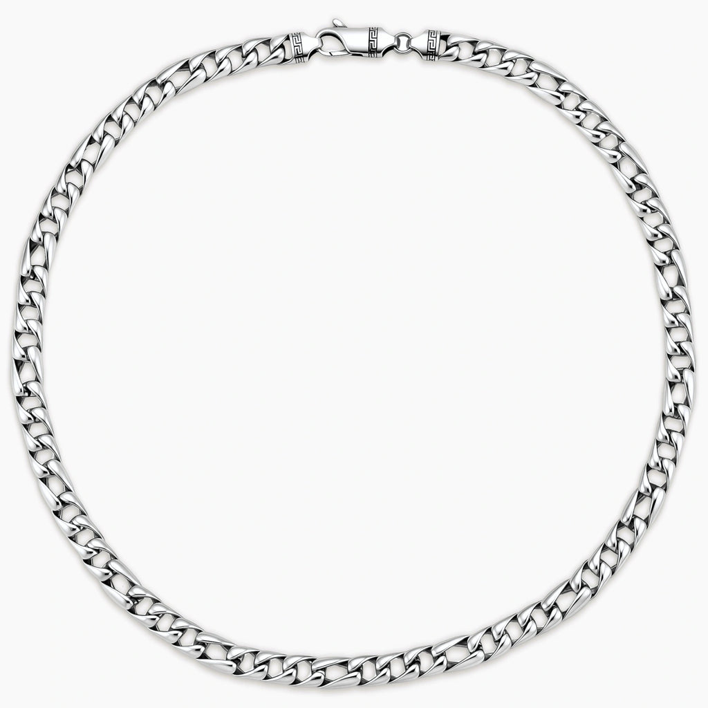Polished 316L stainless steel Cuban link chain necklace, 9.6mm wide, with Greek key lobster clasp, silver tone.