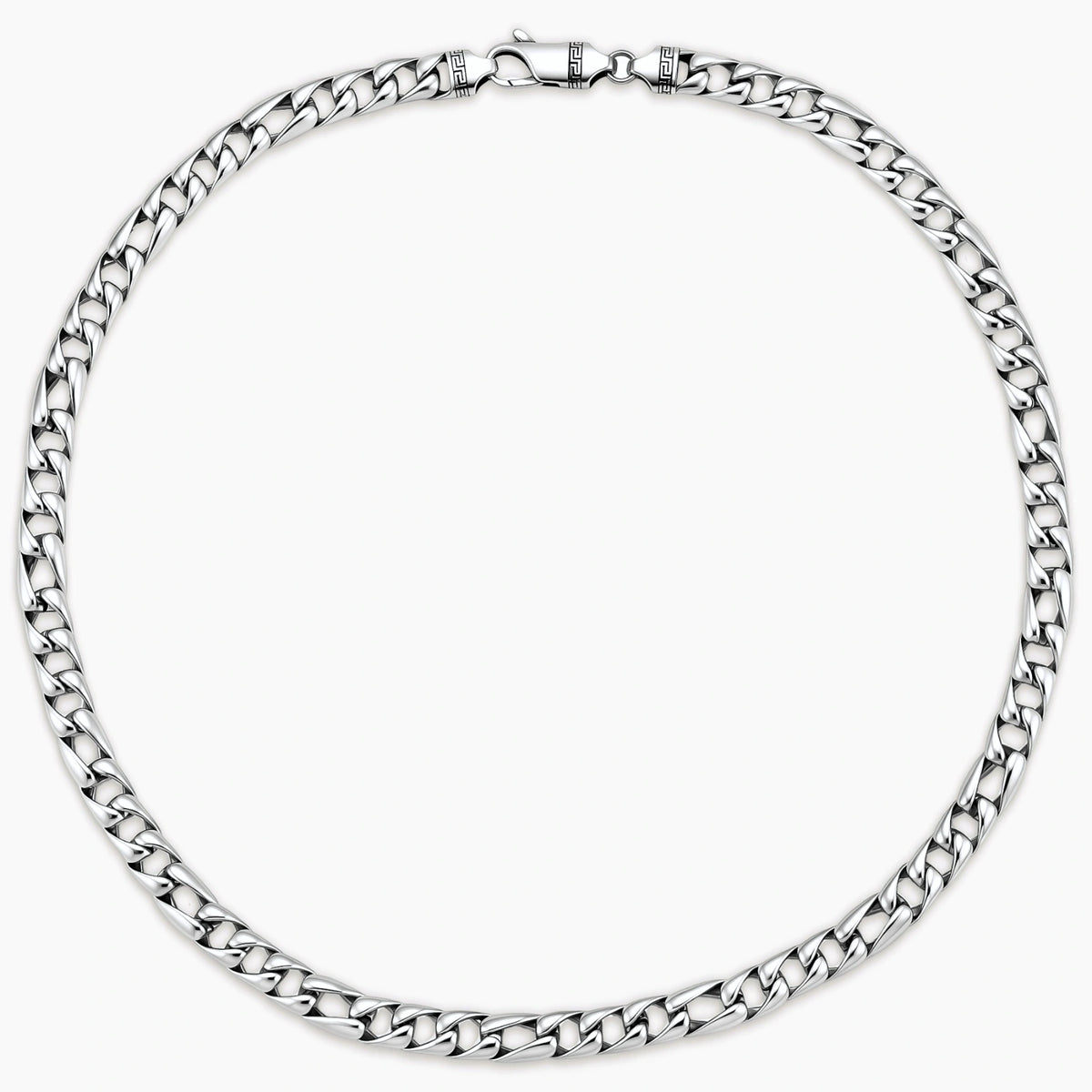 Polished 316L stainless steel Cuban link chain necklace, 9.6mm wide, with Greek key lobster clasp, silver tone.