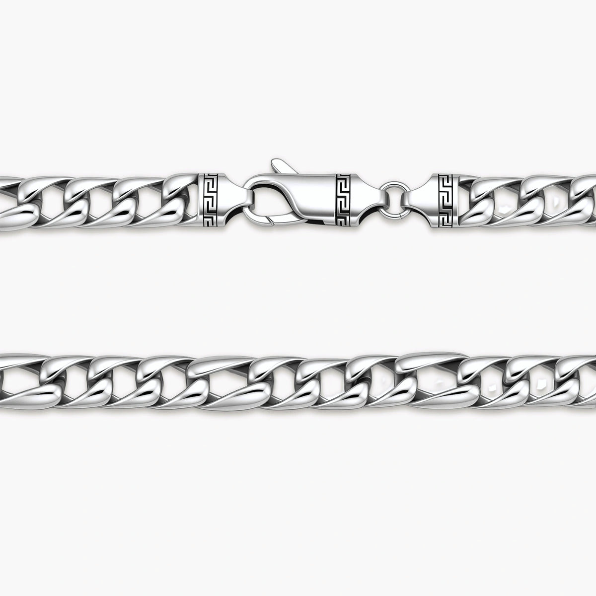 Polished 316L stainless steel Cuban link chain necklace, 9.6mm wide, with Greek key lobster clasp, silver tone.