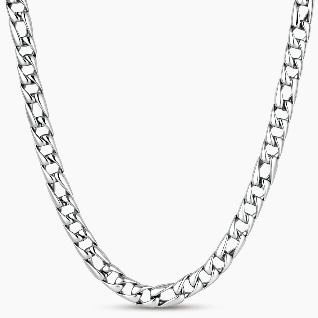 Polished 316L stainless steel Cuban link chain necklace, 9.6mm wide, with Greek key lobster clasp, silver tone.