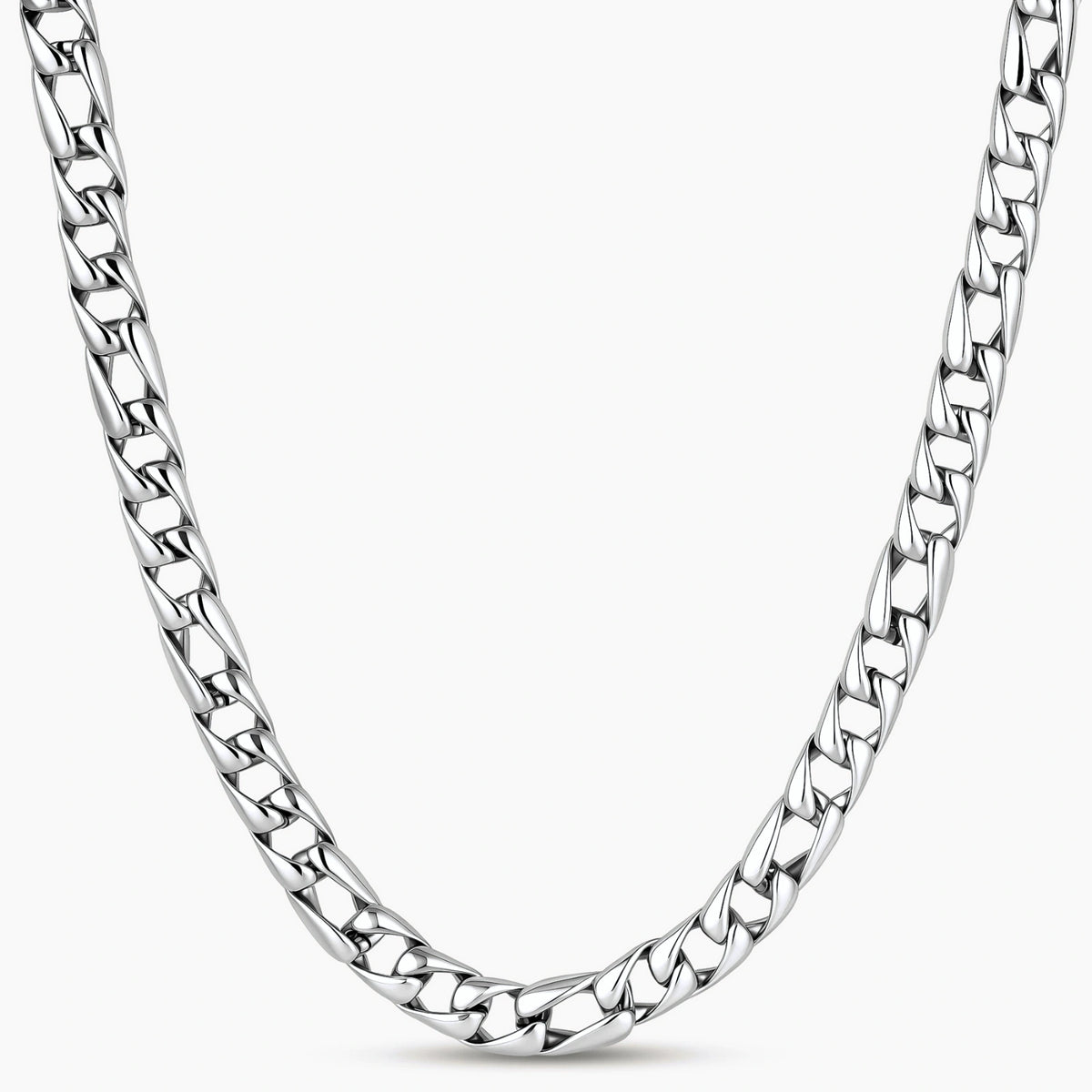 Polished 316L stainless steel Cuban link chain necklace, 9.6mm wide, with Greek key lobster clasp, silver tone.