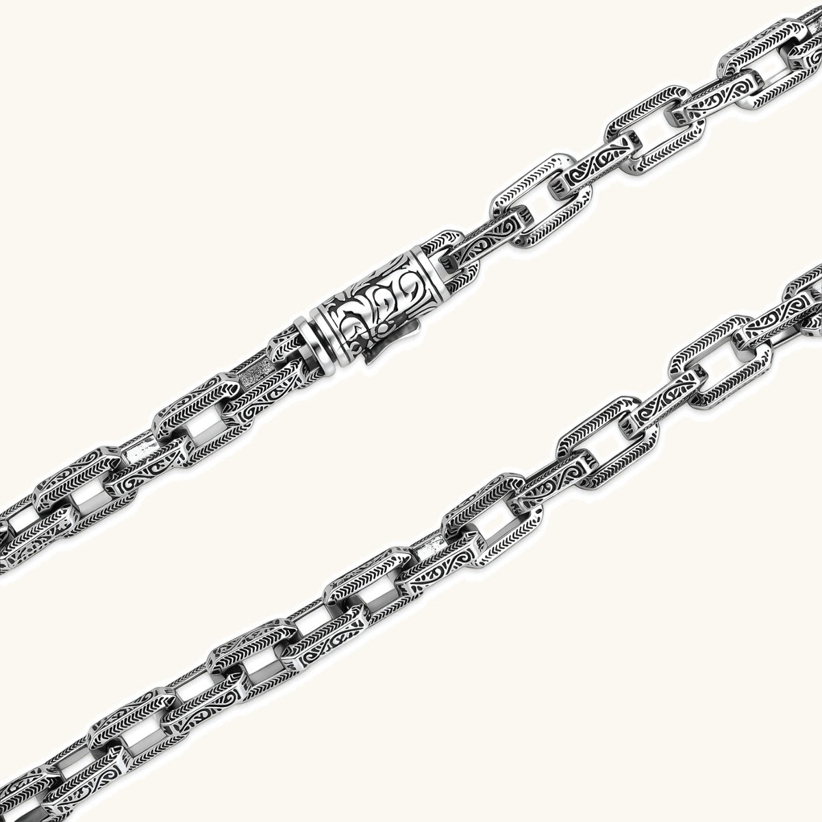 Silver 316L stainless steel rectangular link chain necklace with intricate scroll engravings, 560mm length, 7.1mm width.