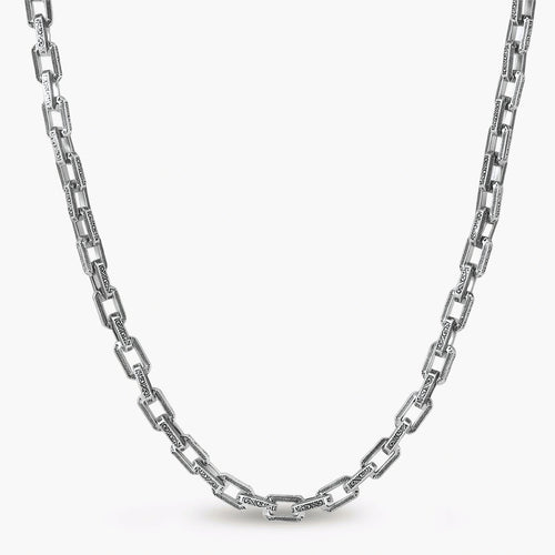 Silver 316L stainless steel rectangular link chain necklace with intricate scroll engravings, 560mm length, 7.1mm width.