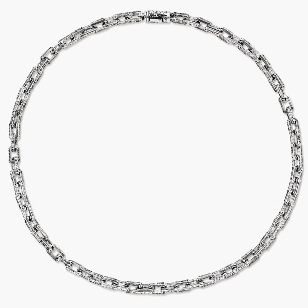 Silver 316L stainless steel rectangular link chain necklace with intricate scroll engravings, 560mm length, 7.1mm width.