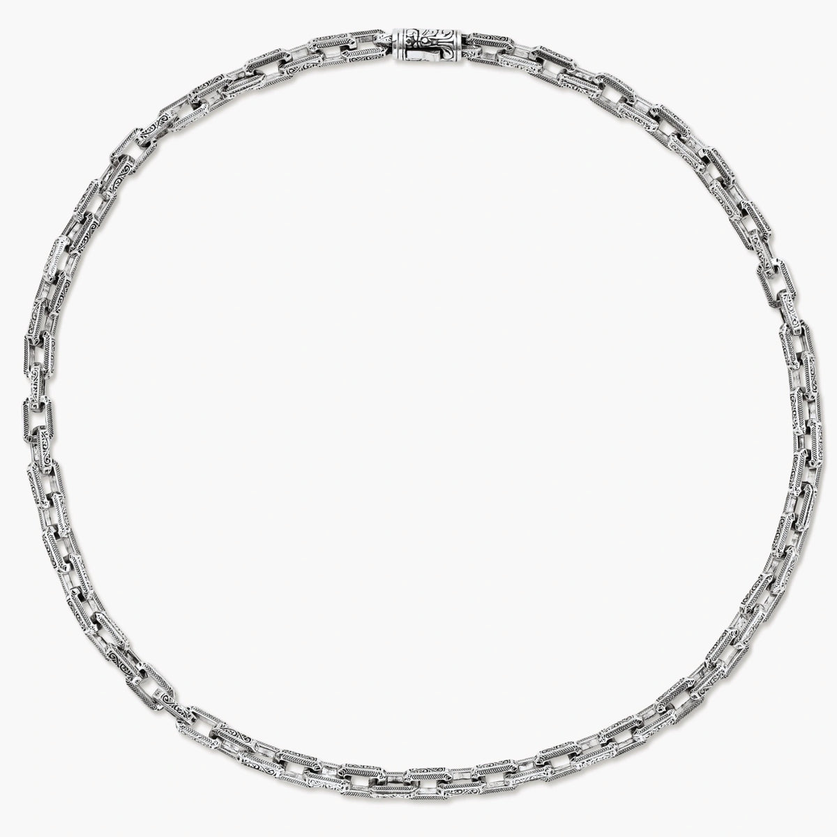 Silver 316L stainless steel rectangular link chain necklace with intricate scroll engravings, 560mm length, 7.1mm width.