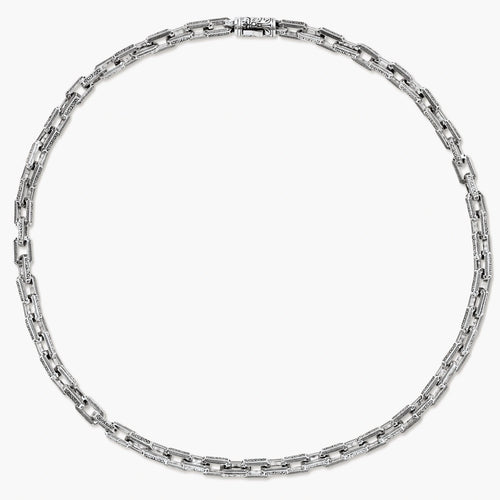 Silver 316L stainless steel rectangular link chain necklace with intricate scroll engravings, 560mm length, 7.1mm width.