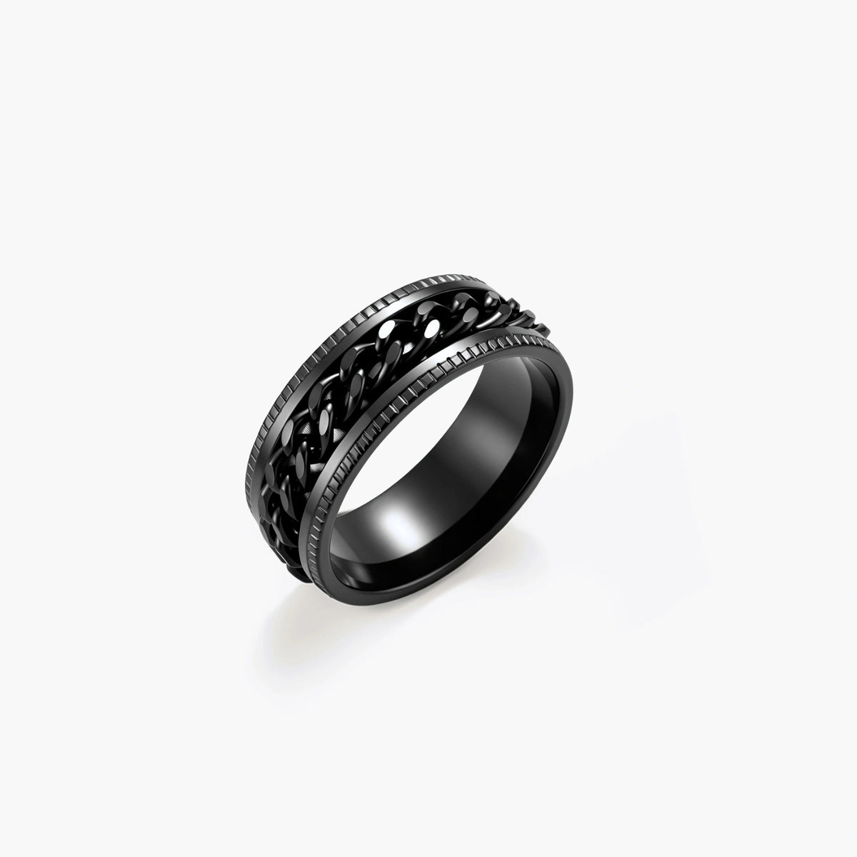 Black PVD-plated stainless steel band ring with a rotating Cuban chain center strip and ridged edges, 8mm wide.