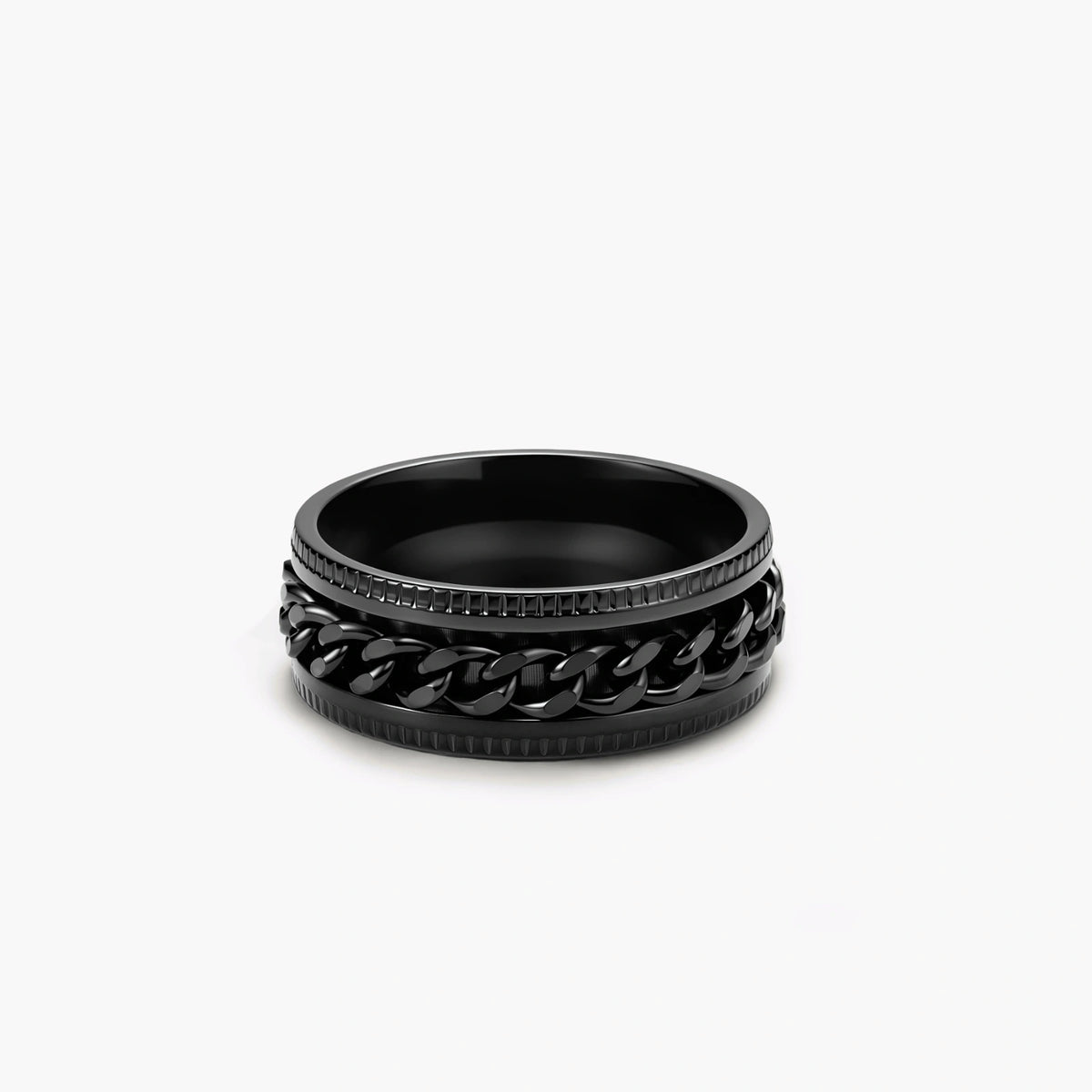 Black PVD-plated stainless steel band ring with a rotating Cuban chain center strip and ridged edges, 8mm wide.