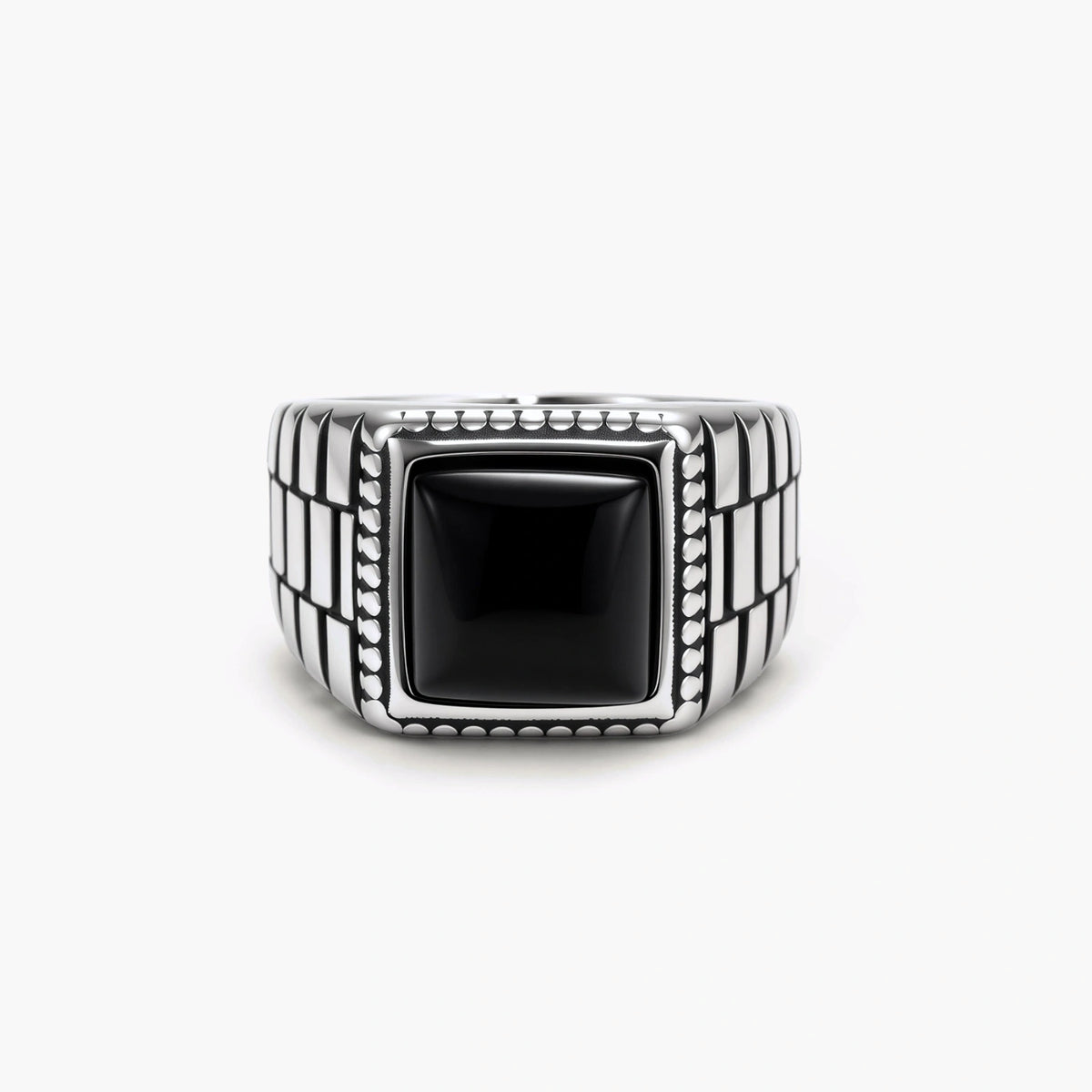 Silver stainless steel signet ring with checkered band texture, beaded border, and square black onyx cabochon stone center.